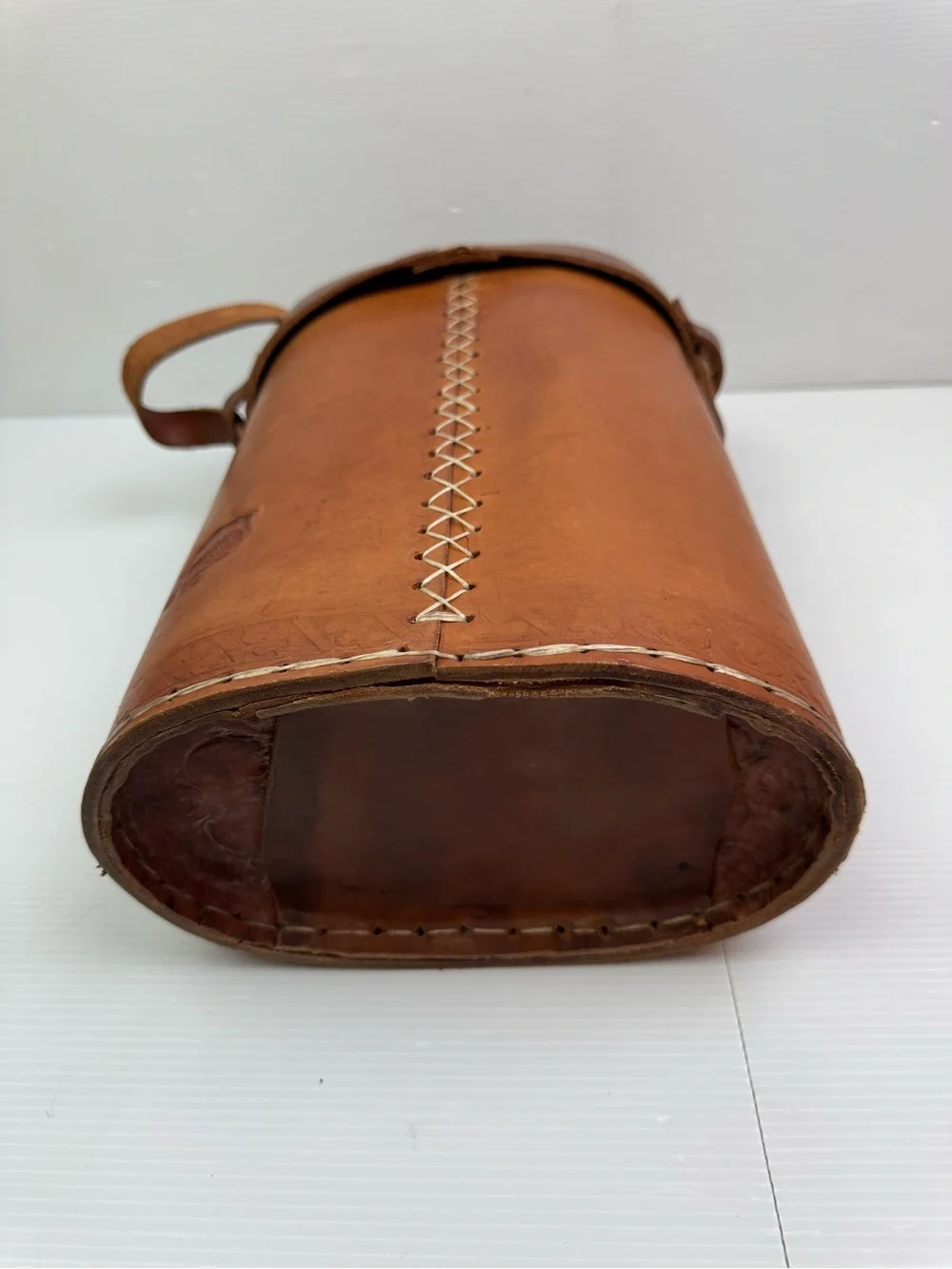 VTG Artesania Uruguay Tooled Leather Thermos Bottle Case Carrier Cross Stitch